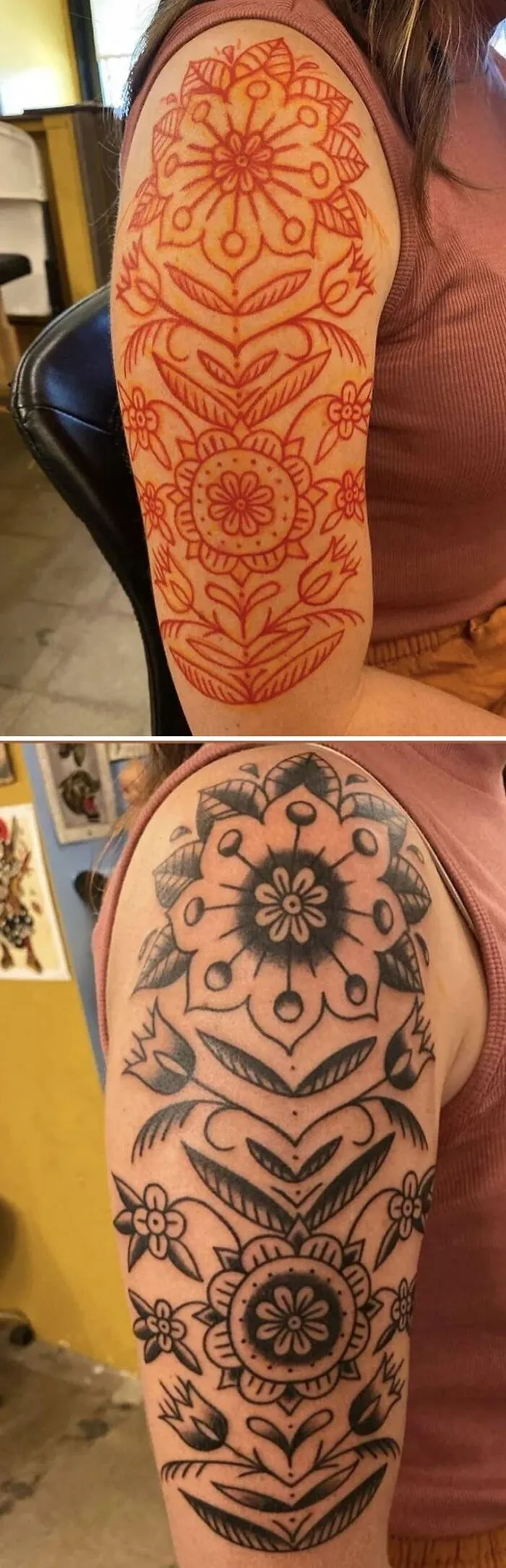 Floral tattoo design on arm, showcasing elegant and beautiful flower art in progress.