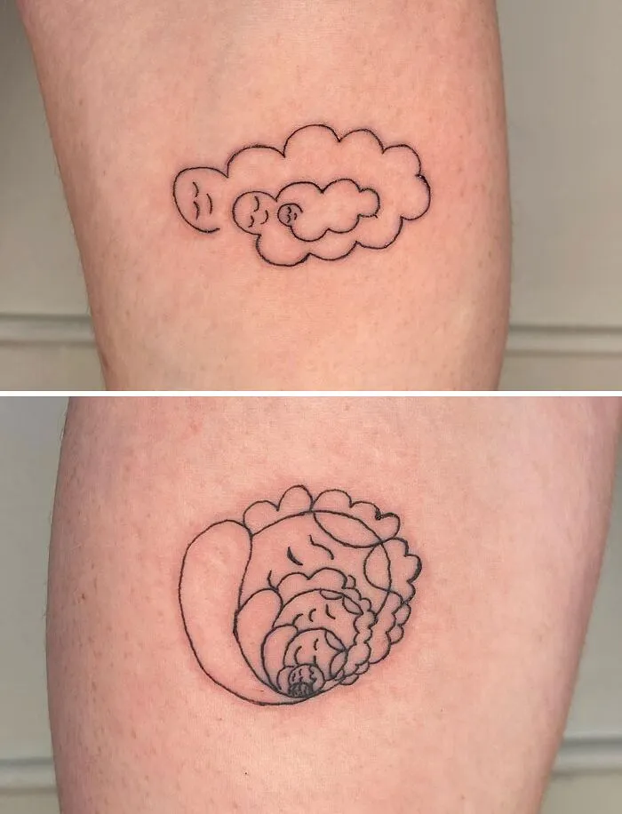 Simple black line calf tattoos featuring clouds and a peony design.