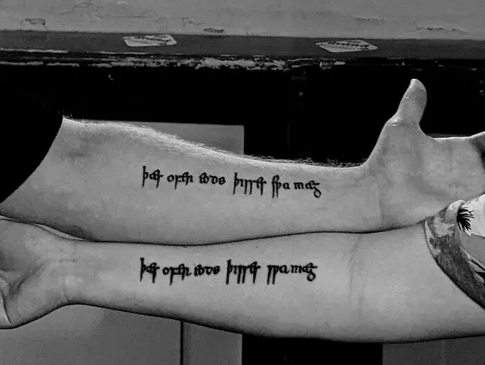 Matching tattoos in a mirrored design on two arms in a playful situation.