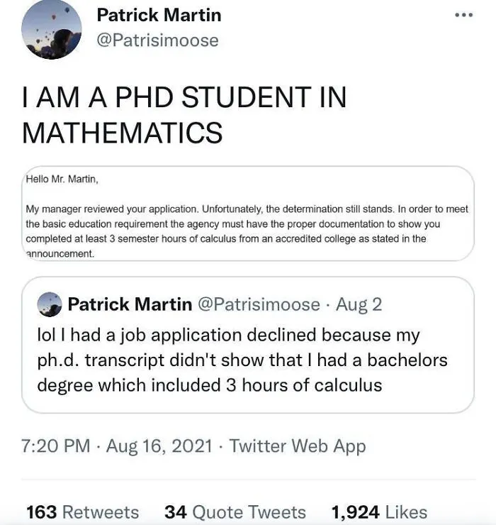 Ph.d. Maths Student Rejected For Not Show Not Having 3 Hours Of Calc On Their Transcript