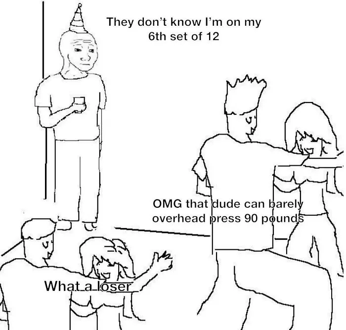 Cartoon of a gym rat at a party, thinking about their workout while others judge their lifting capabilities.