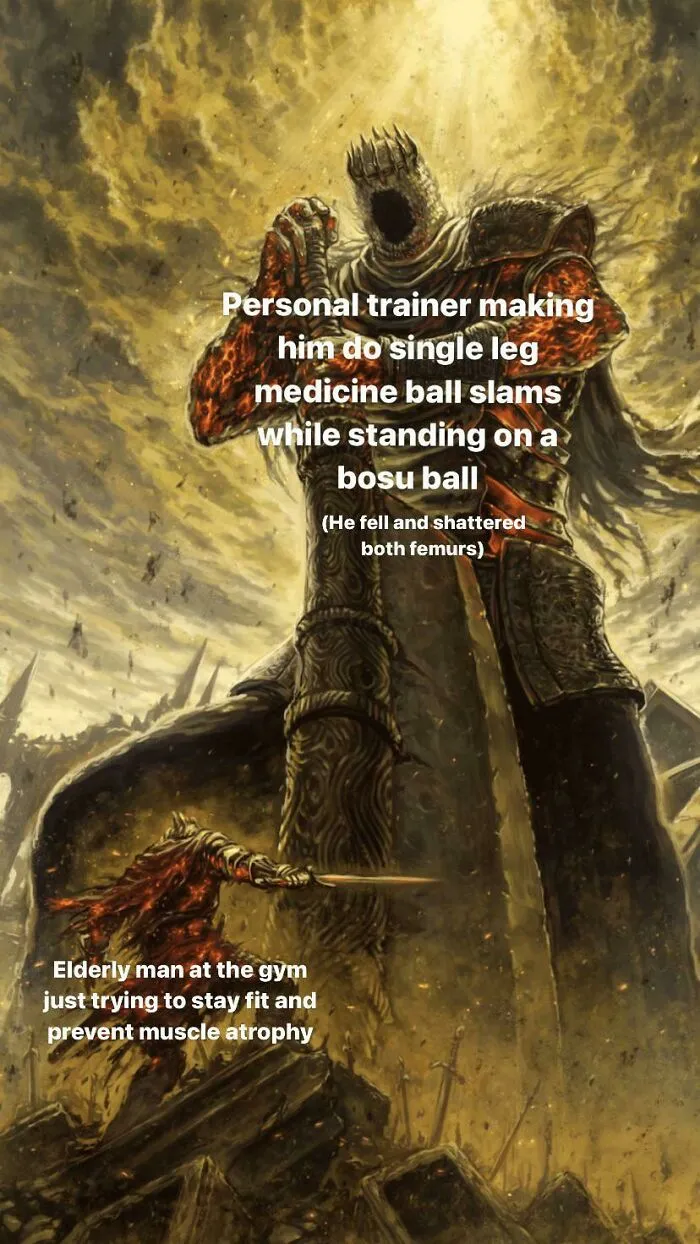 Gym meme depicting a dramatic scene with text about challenging exercises on a Bosu ball.