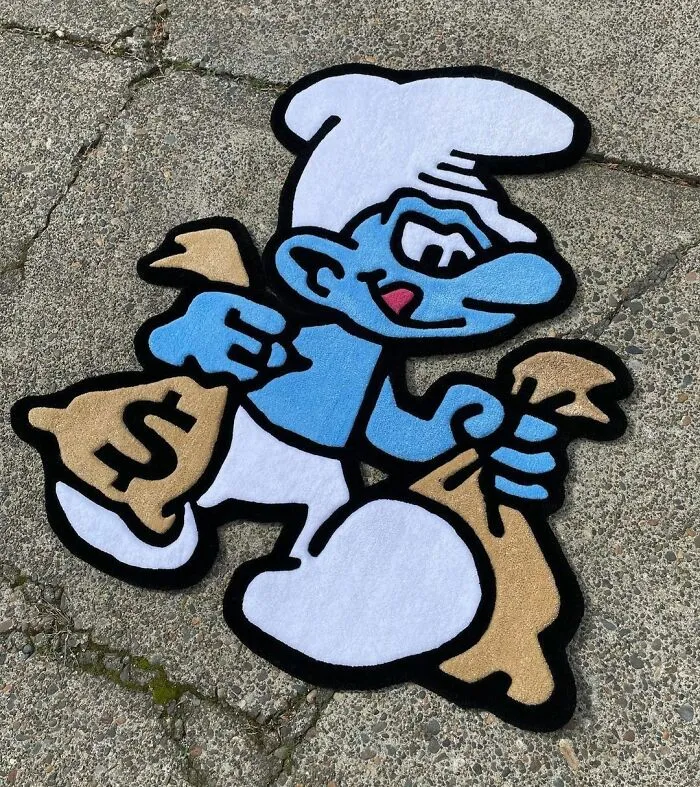 Smurf running with money rug