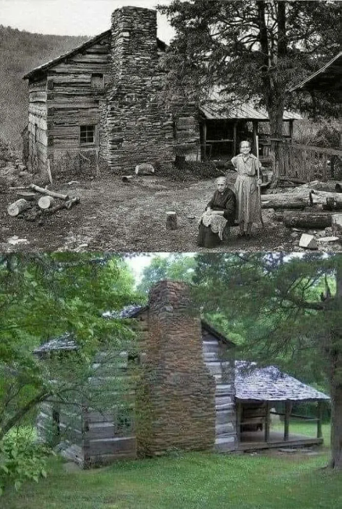 Esta es la cabaña de la familia Walker en el Parque Nacional de las Grandes Montañas Humeantes, Tennessee, EE.UU. La familia Walker (13 en total) vivió aquí antes de que existiera un parque nacional. Estas son las dos últimas hermanas Walker que vivieron aquí. La ultima hermana murio en 1966. La foto en blanco y negro se tomó hacia 1960, cuando la cabaña tenía el mismo aspecto que hace 150 años. La cabaña es ahora un destino turístico que incluye algunos de los muebles y herramientas originales