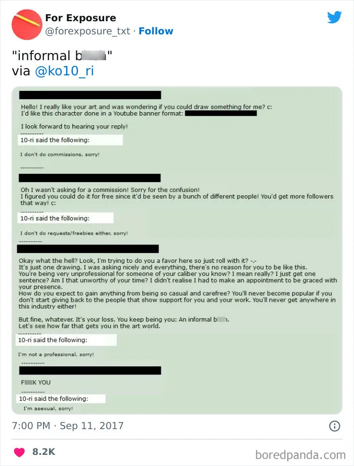 "For Exposure": 40 Screenshots Of Choosing Beggars Caught In Action When It Came To Paying For Services They Asked For