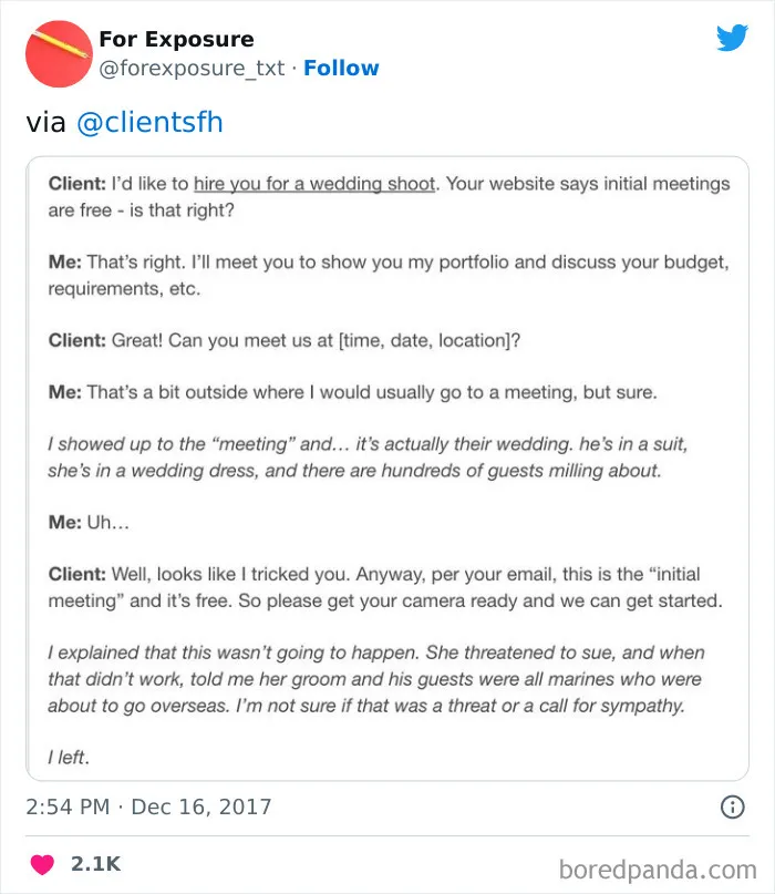 "For Exposure": 40 Screenshots Of Choosing Beggars Caught In Action When It Came To Paying For Services They Asked For