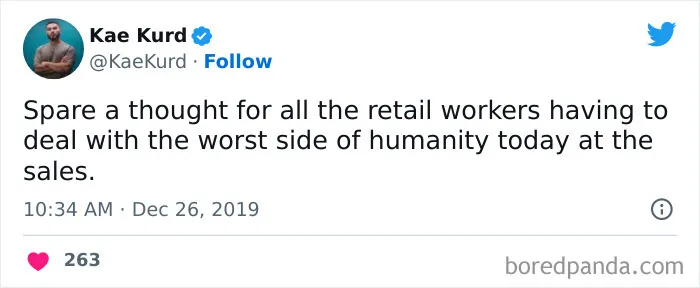 Tweet about the struggles retail workers face during sales events.