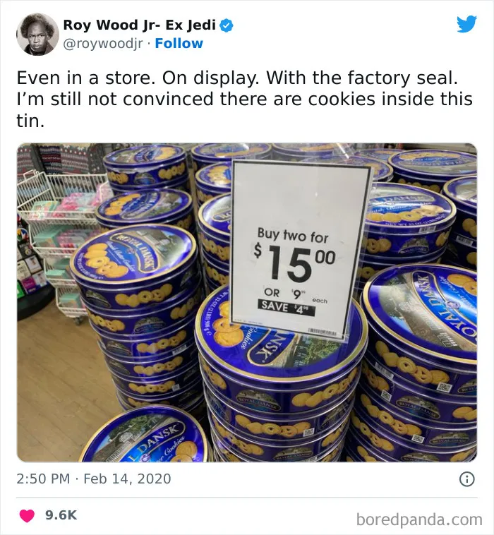 Dad joke about cookie tins in a store, featuring a humorous sign with a sale offer.