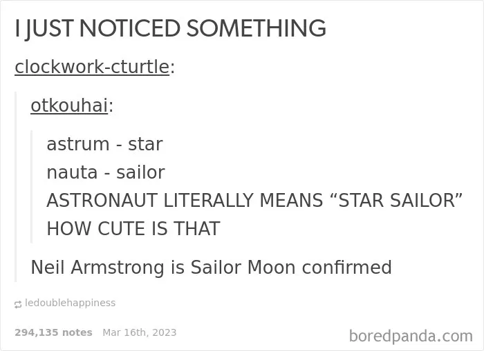 Hilarious Tumblr screenshot revealing the etymology of astronaut as star sailor, playfully linking Neil Armstrong to Sailor Moon.