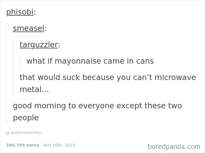 A Tumblr screenshot featuring a funny text exchange about mayonnaise in cans, highlighting the silliest places on the internet.