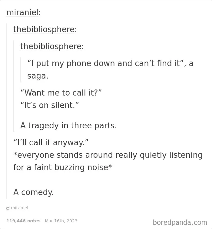A silly Tumblr post describing the three-part tragedy of losing a phone on silent.