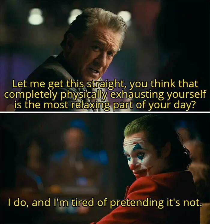 Movie scene meme with a dialogue about gym rats finding workouts relaxing, featuring intense facial expressions.