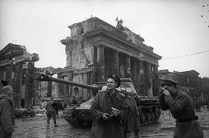 Pictured Above Is Russian Photographer Yevgeny Khaldei (Center) In Berlin With Soviet Forces, Near The Brandenburg Gate In May Of 1945