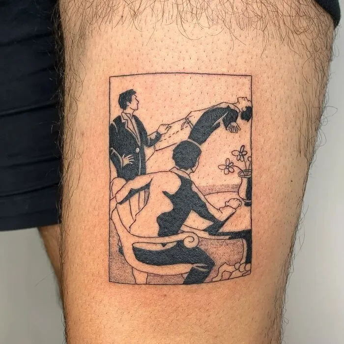 Tattoo resembling an illustration features three people in an abstract style on the arm.