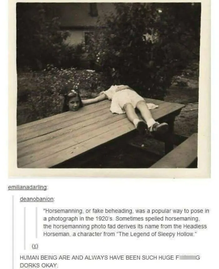 A Tumblr screenshot of a vintage photo depicting a headless body on a picnic table, with an explanation of 'horsemanning', proving Tumblr is one of the silliest places.