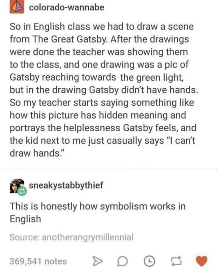 A Tumblr screenshot about a drawing of The Great Gatsby without hands, one of the silliest places on the internet.