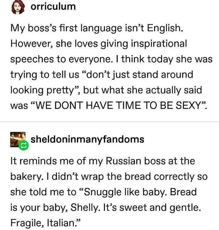 A funny Tumblr screenshot of a boss's misinterpreted inspirational speech about not being sexy, a silly moment.
