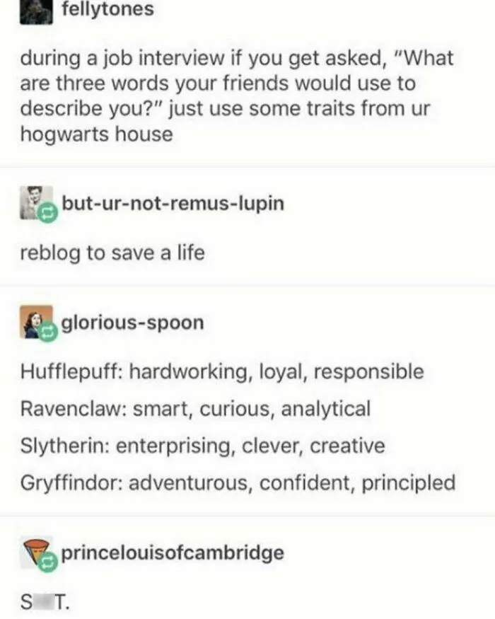 A screenshot from Tumblr discussing humorous Harry Potter Hogwarts house traits for job interviews, a silly moment.