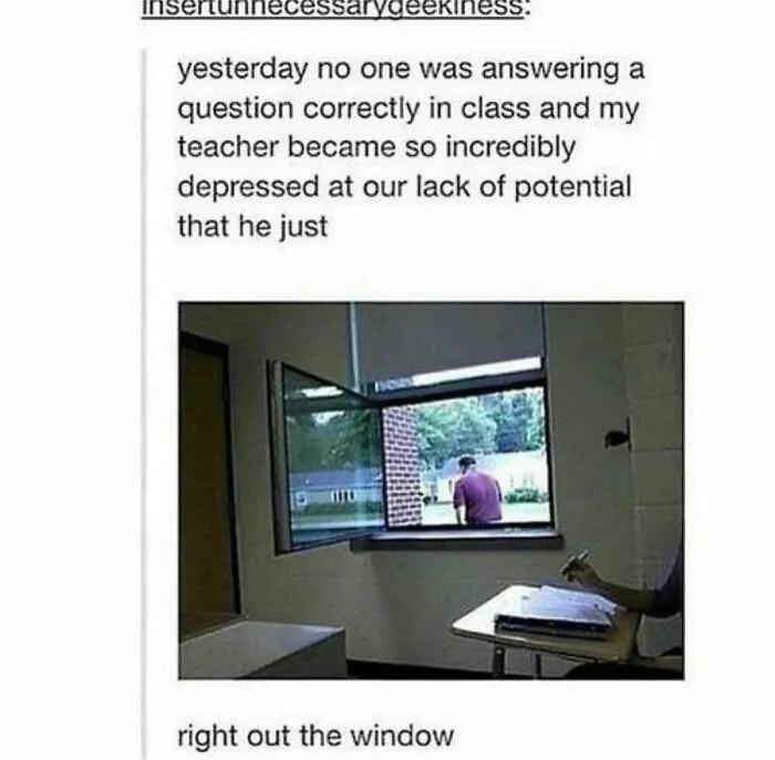 A teacher climbing out a window, a hilarious screenshot from Tumblr illustrating the internet's silliest places.