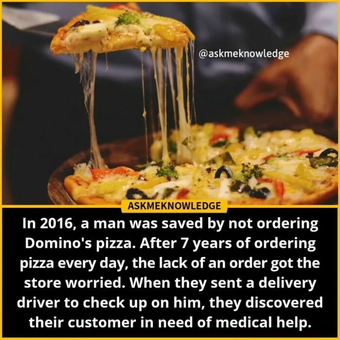 Pizza being served with text about a man's life being saved by missing his daily pizza order, shared by an Instagram page.