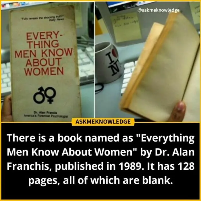 Book titled "Everything Men Know About Women" with blank pages, highlighting an interesting fact shared by an Instagram page.