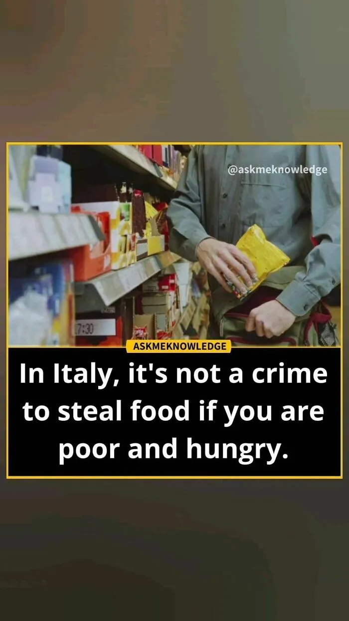Man shopping in a grocery aisle; text discusses a legal fact about stealing food in Italy when poor and hungry.
