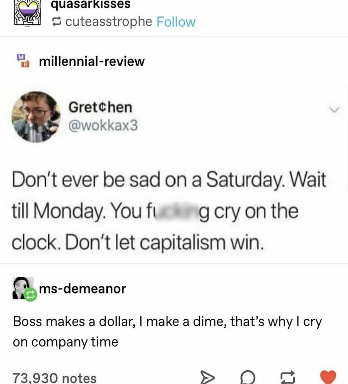 A Tumblr screenshot with a funny tweet about crying on company time, showcasing humorous content.