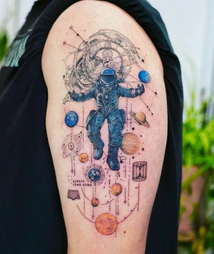 Astronaut And Planets Arm Tattoo