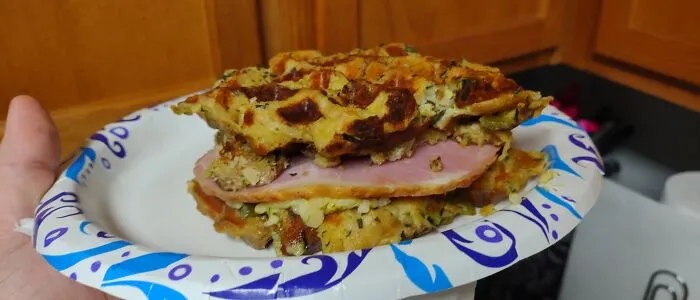 Thanksgiving Leftover Sandwich. Stuffing Waffle, Ham, Turkey, Cranberry Sauce, Mushroom Casserole, Broccoli Rice Casserole