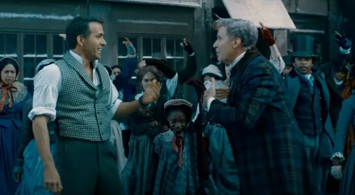 Actors performing a lively scene in period costumes surrounded by a crowd, representing highest-paid actors in film.