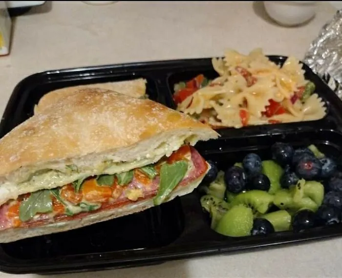 All De Ingredients From Aldi ! Genoa Salami, Pepperoni, Provolone Cheese, Tomato, Roasted Red Peppers, Diced Pepperocinis And  Arugula On A Ciabtta Roll With Basil Pesto Mayo . Packed For Lunches In My Kitchen