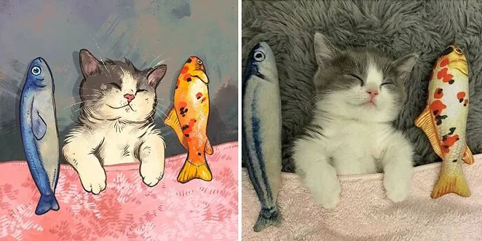 32 Of The Funniest Internet-Famous Cat Pics Get Illustrated By Catwheezie (New Pics)