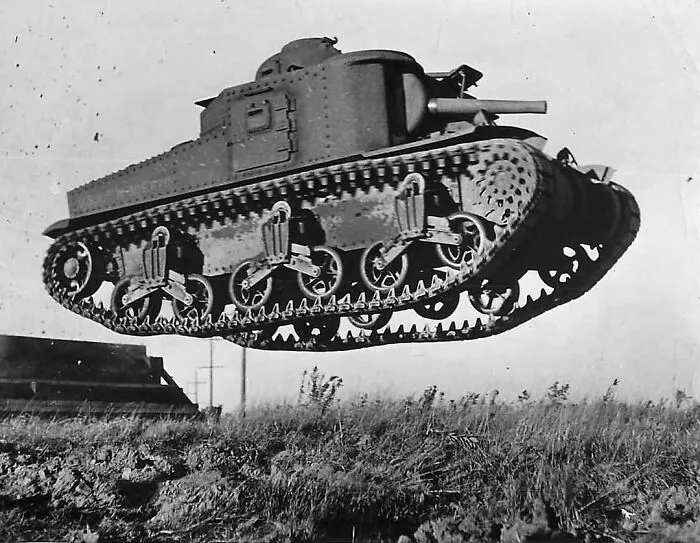 Thought This Was A Pretty Cool Photo. Pictured Above Is An American M3 Lee Going Airborne On An Obstacle Course