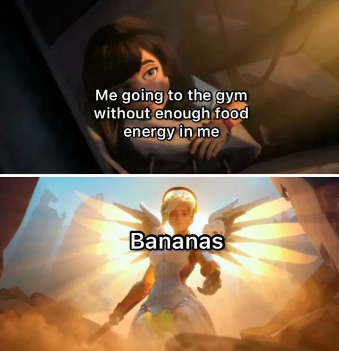 Animated gym meme about lacking energy with comic relief using bananas for a boost.