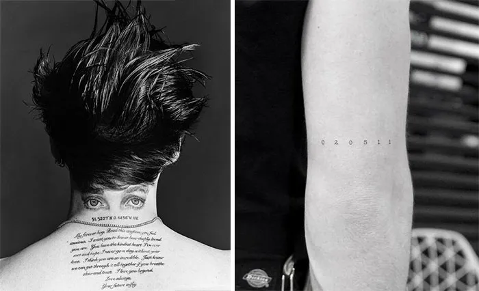 Celebrity tattoos: intricate eyes on neck and minimal numbers on arm.