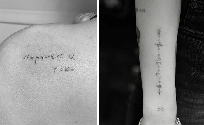 Close-up of celebrity tattoos on shoulder and forearm, featuring unique designs and scripts.