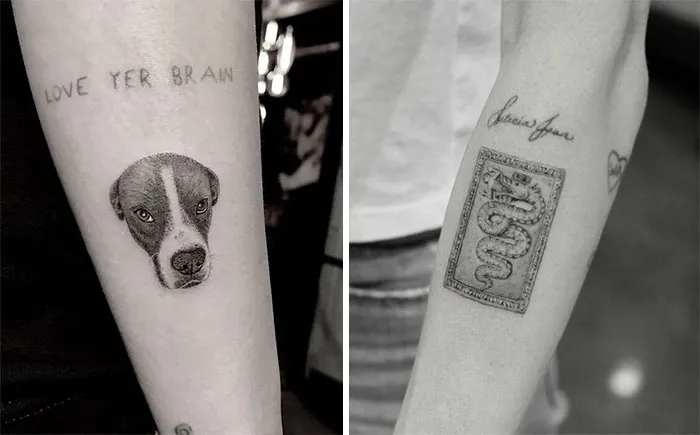 Two celebrity tattoos: a dog portrait with "LOVE YER BRAIN" and a snake card with a signature on forearms.