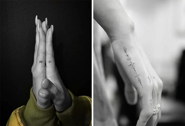 Celebrity tattoos on hands: one with the word "pray" and another featuring a script design.