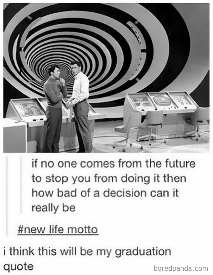 A Tumblr screenshot with two men in a retro-futuristic setting and a funny quote about decisions, proving Tumblr is one of the silliest places.