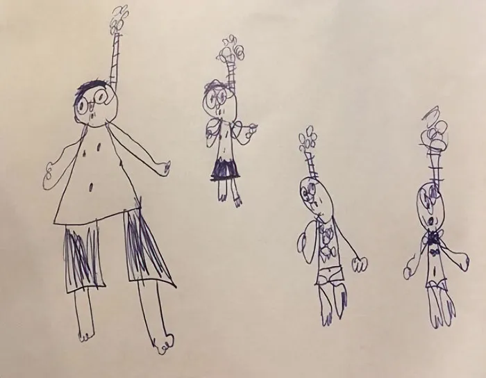 My 6 Year Old Drew Her Dad, Me, Herself And Her Little Brother.....  We’re Snorkelling