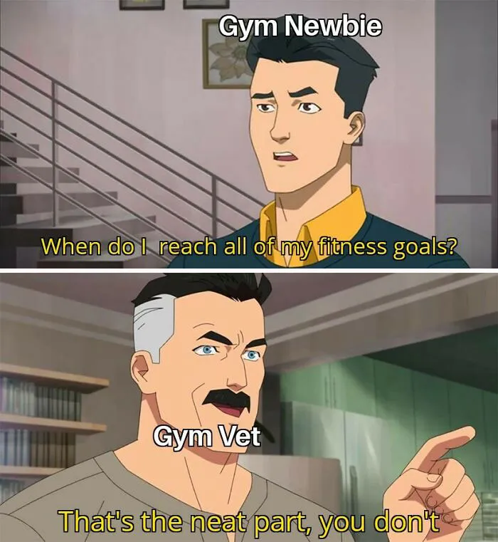Animated meme comparing gym newbie asking about fitness goals and gym vet responding humorously.
