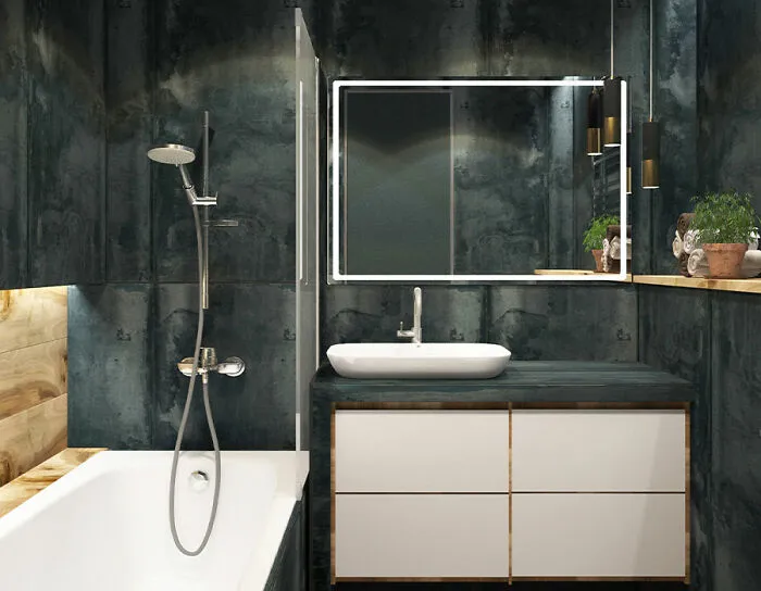 Bathroom with black tiles