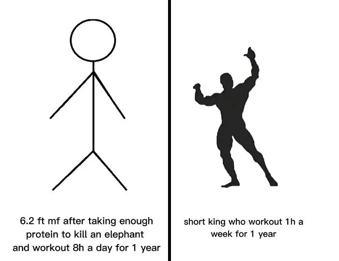 Stick figure vs. bodybuilder silhouette showing gym meme humor for gym rats to relate to.