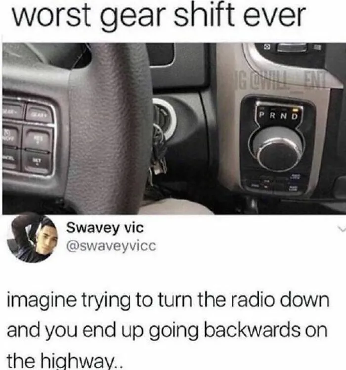 Car gear shift humor, highlighting the confusion between radio and gear controls as a dad joke.