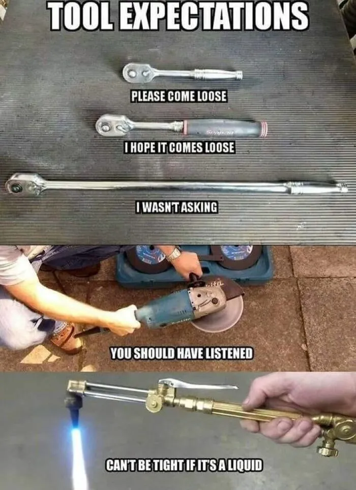 Humorous dad jokes about tool expectations and their outcomes in a series of images.