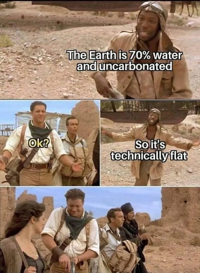 Characters in desert scene exchange dad joke about Earth's water and carbonation.