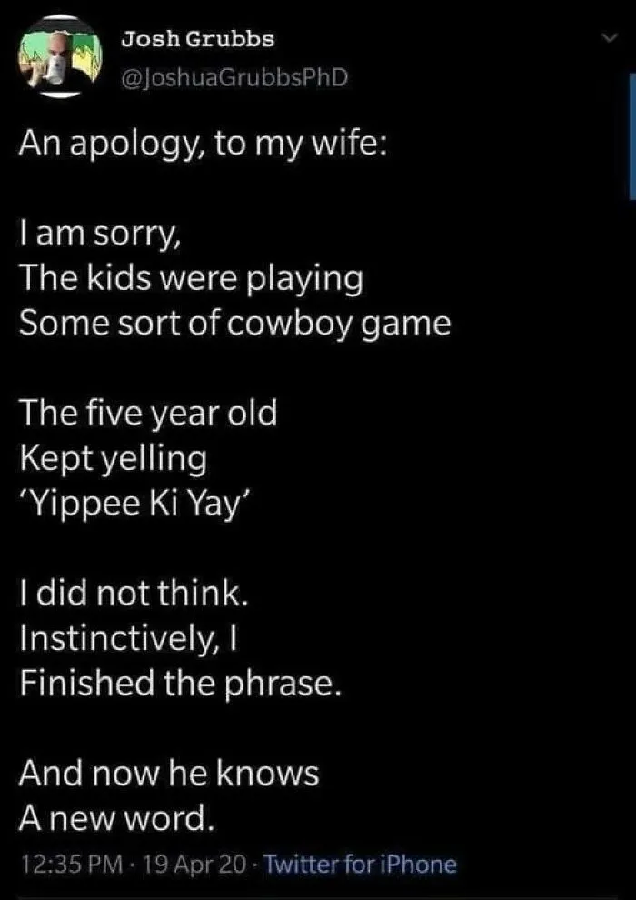 Funny dad joke about a cowboy game leading to an accidental phrase completion on Twitter.