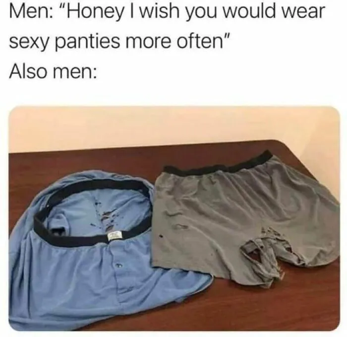 Worn-out shirt and boxers humorously depict dad jokes on clothing expectations.