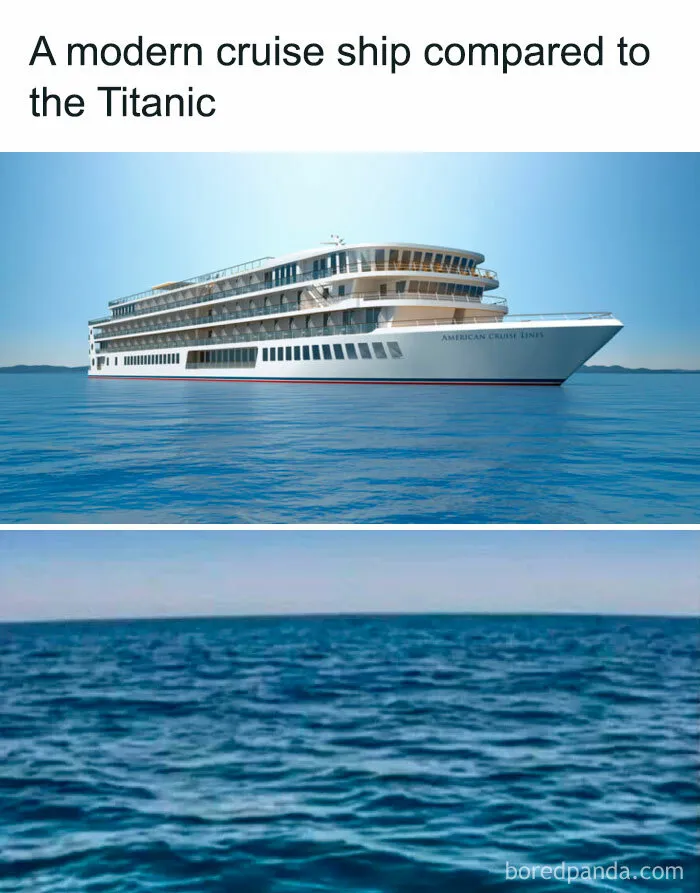 Modern cruise ship humorously compared to the sea, referencing dad jokes.