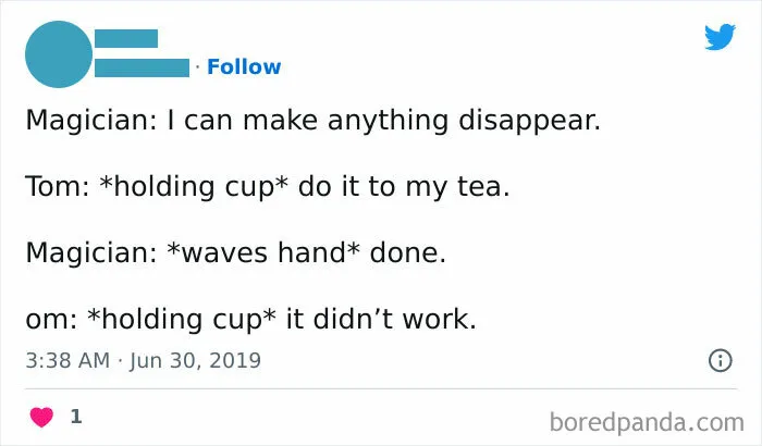 A dad joke about a magician making tea disappear, from a Facebook page known for funny puns.